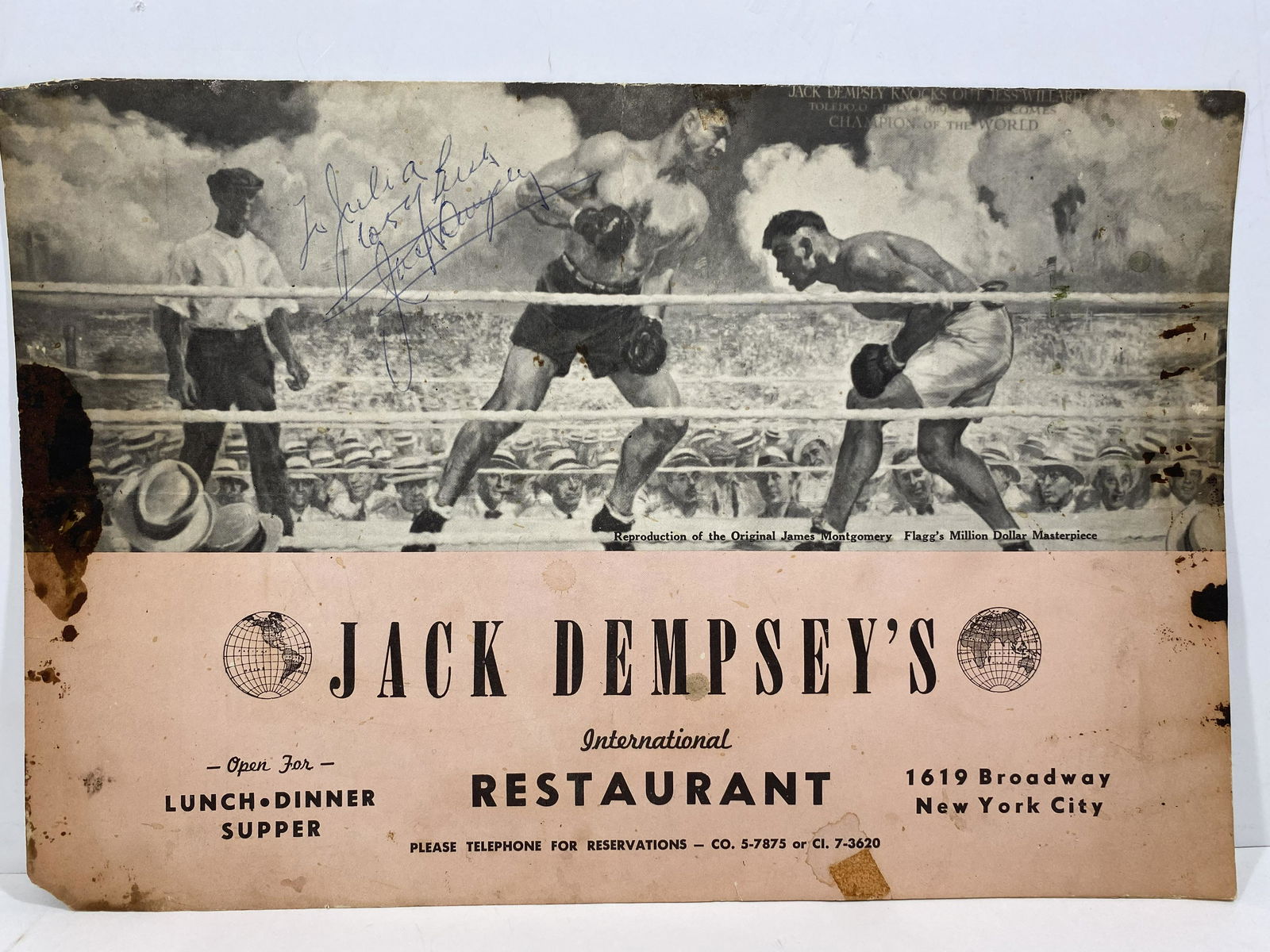 AUTOGRAPHED SIGNED JACK DEMPSEY BOXER INTERNATIONAL RESTAURANT MENU NEW YORK CITY (1 of 4)