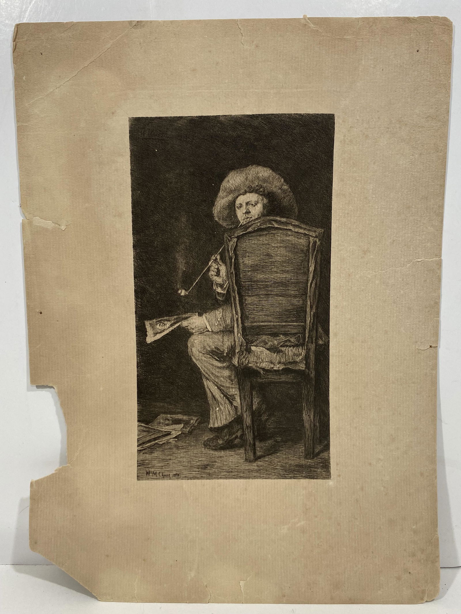 WILLIAM MERRITT CHASE 1875 ETCHING ART PRINT MAN SMOKING PIPE (1 of 4)