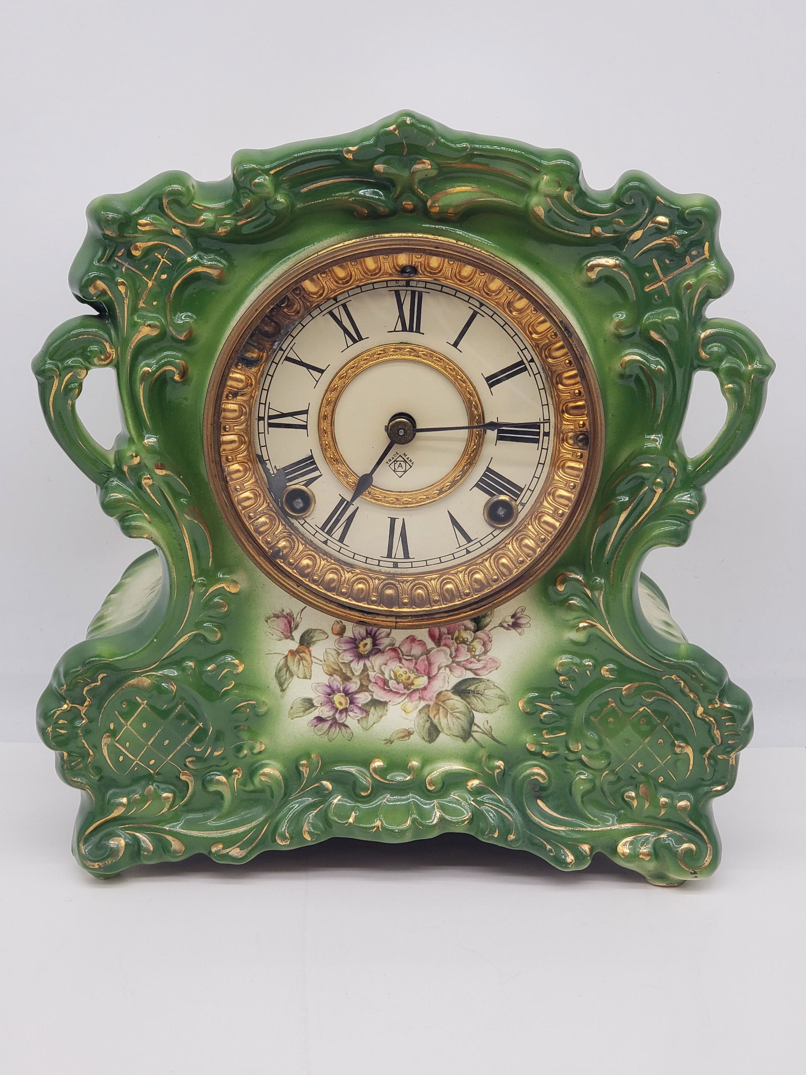 ANTIQUE ANSONIA DRESDEN PORCELAIN MANTLE CLOCK (1 of 7)
