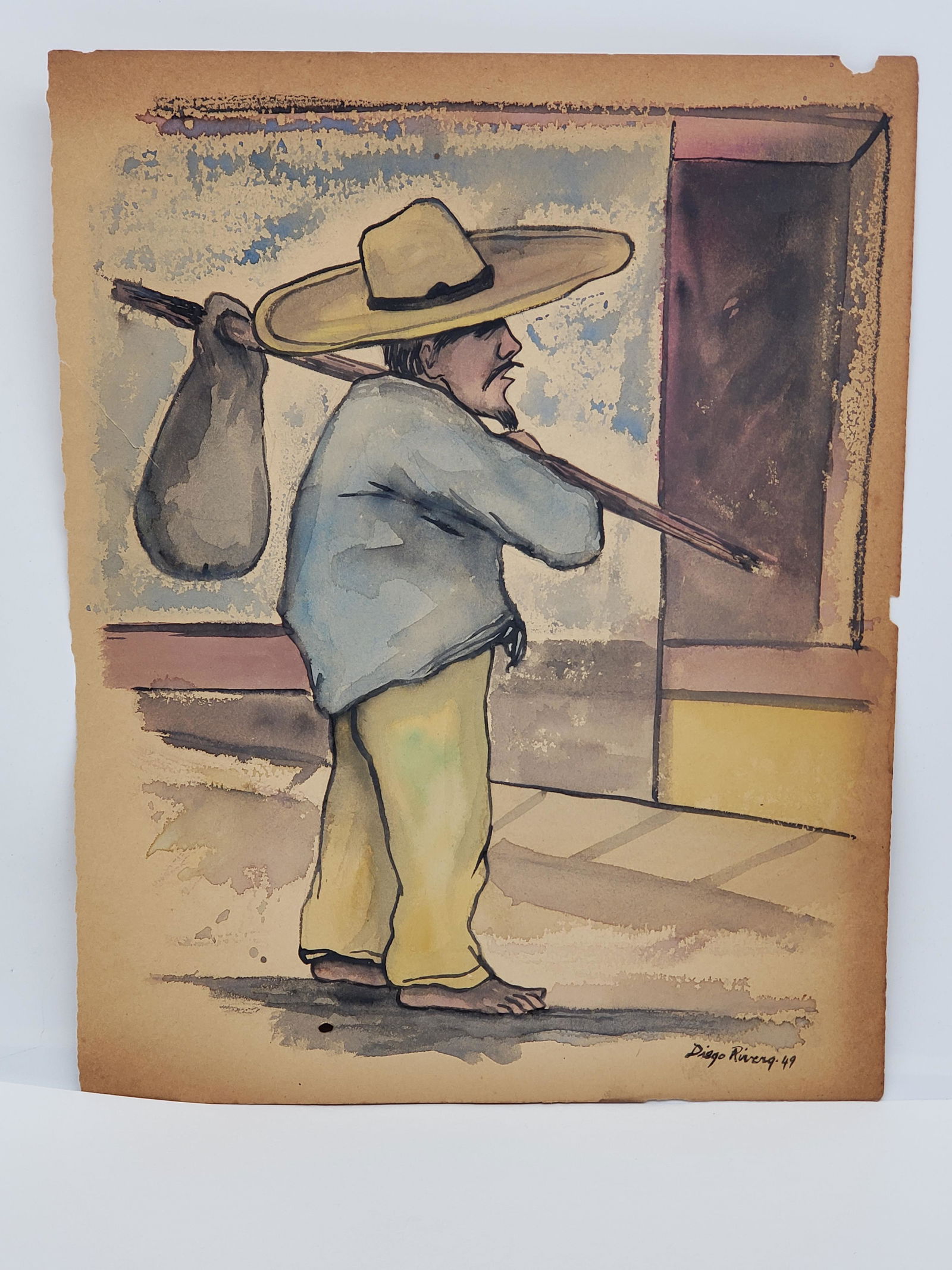 RARE DIEGO RIVERA WATERCOLOR ON PAPER: RARE ESTATE FIND DIEGO RIVERA WATERCOLOR ON PAPER. SIGNED AND DATED 1949 14" X 11" SHOWING SOME WEAR WITH AGE OF PAPER. THIS IS A BEAUTIFUL PIECE. All items Located in Hollywood Florida Warehouse. Tha