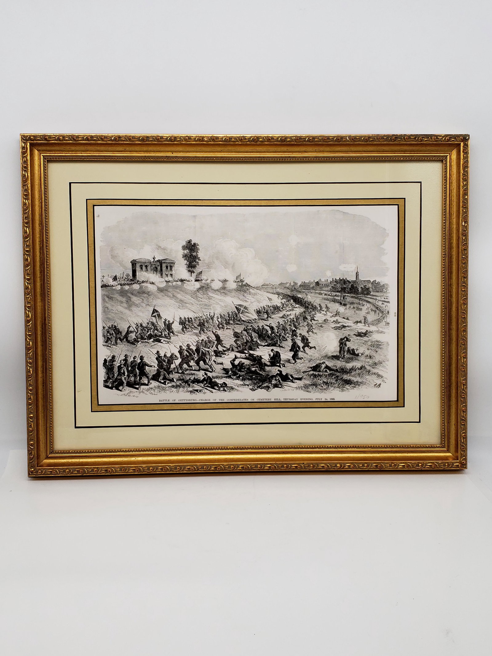 BATTLE OF GETTYSBURG LITHOGRAPH: BATTLE OF GETTYSBURG- CHARGE OF THE CONFEDERATES ON CEMETERY HILL. THURSDAY EVENING JULY 1863 LITHOGRAPH 1/950 SIGNED A.B. 14 1/8" X 9 1/4" FRAME 16" X 20 1/2" All items Located in Hollywood Florida W