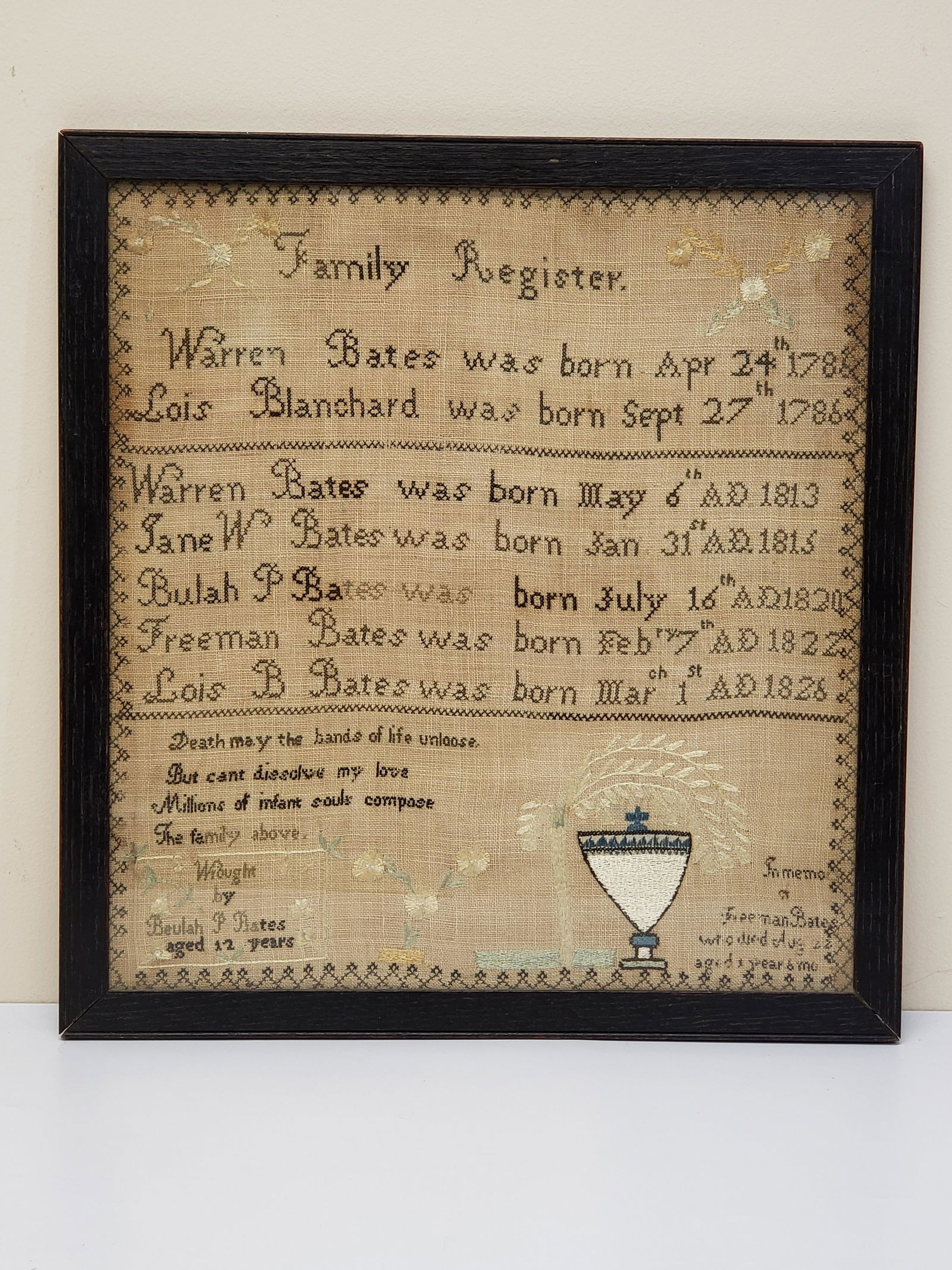 ANTIQUE SAMPLER: ANTIQUE SAMPLER DATED 1786-1828 15 3/4" X 14 3/4" All items Located in Hollywood Florida Warehouse. Thank you for your inquiry about shipping your precious item/items purchased at Puckett Auctions. Pl