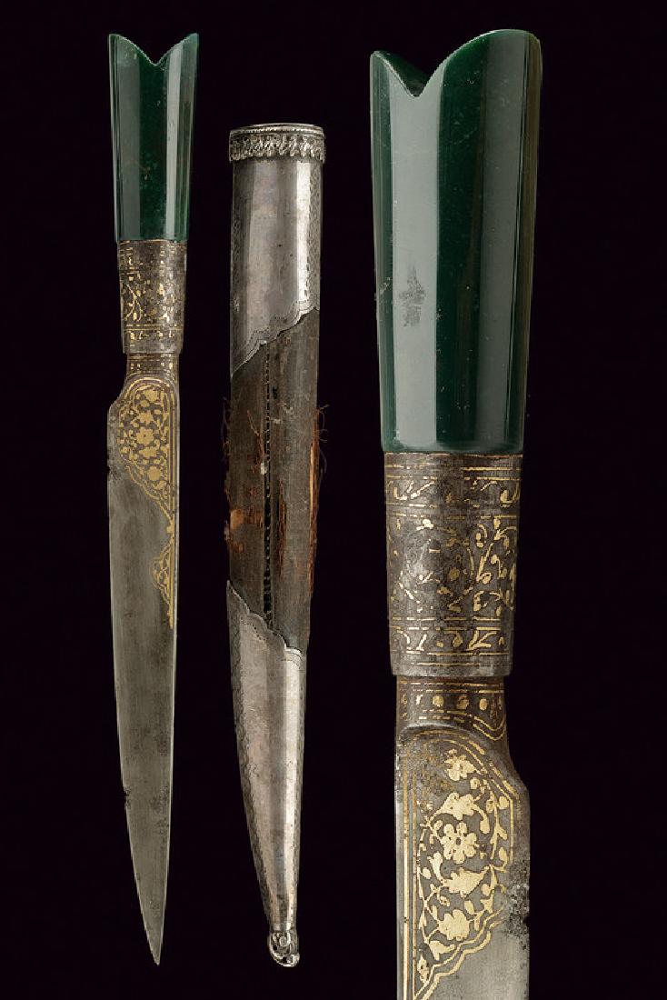 A kard with stone grip, dating: circa 1800, provenance:: A kard with stone grip, dating: circa 1800, provenance: Turkey, dating: circa 1800, provenance: Turkey, Straight, single-edged, damask blade (areas of rust), decorated at the base with floral motifs i