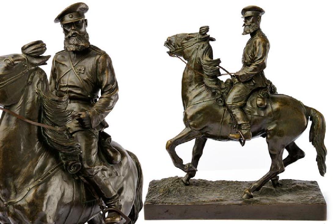 Vasily Yakovlevich Grachev (1831 - 1905): dating: about 1880 provenance: Russian Empire, Bronze, portraying a tzar officer in a uniform, on horseback, on rectangular base, signed on side. height 37 cm.