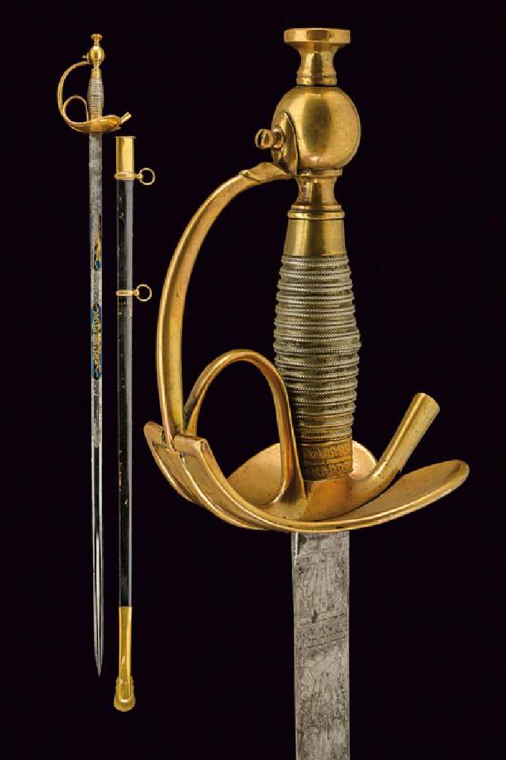 An 1833 model 'Albertina' officer's sabre: dating: 19th Century provenance: Piedmont, Straight, single-and false-edged blade, with central fuller that doubles toward the foible, engraved after the tang and gilded with trophies and floral motif