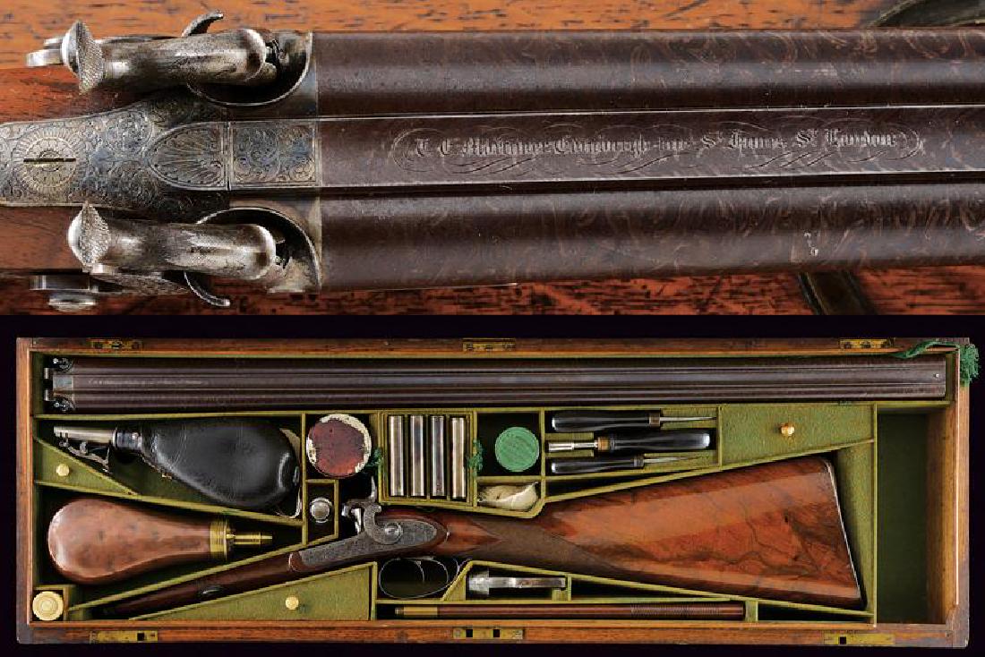 A cased double-barreled percussion gun by Mortimer: dating: Mid 19th Century provenance: England, Round, smooth, 18 mm cal. barrels, with remains of finishing and provided with rib and foresight marked 'T. E. Mortimer Edimburg Late S.t James S.t London