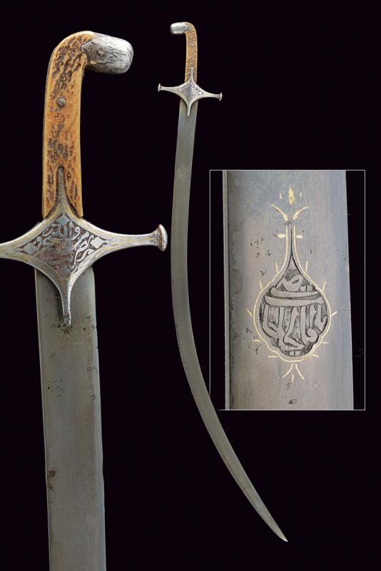 A shamshir: dating: Early 19th Century provenance: Persia, Curved, single-edged blade, in damask (some pitting), with a cartouche on the right side, chiselled with inscription in Arabic and golden outlining. Iron