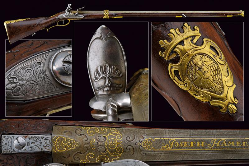 A beautiful flintlock gun from the Royal Bavarian: dating: second quarter of the 18th Century provenance: Vienna, Smooth-bore, round, damask, 16 mm cal. barrel, with square base, the gilded signature 'JOSEPH HAMERL IN WIEN' at the rib, the first part