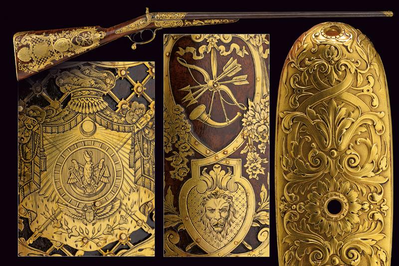 An extraordinary double barrelled center fire shotgun: dating: 1862 provenance: Paris, Smooth-bore, round, finished, 12 mm cal. barrels, in damask, with rib signed in gold 'GASTINNE RENETTE ARQ. DE L'EMPEREUR A PARIS' among flower garlands, the ends decor