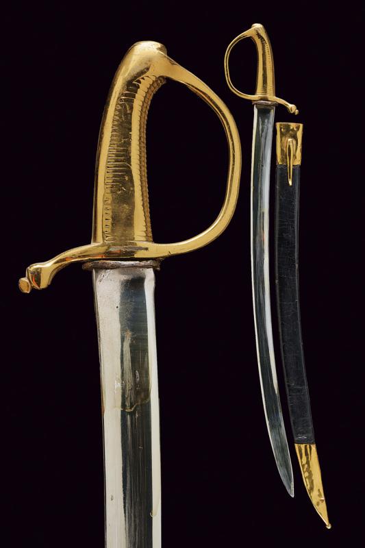 An 1833 model briquet type sabre: dating: provenance: Russian Empire, Wide, curved, single-edged blade with large fuller. Base with remains of stamps. Back marked 'Zlatoust October year 1833'. Brass mono-quillon hilt. Leather scabbard