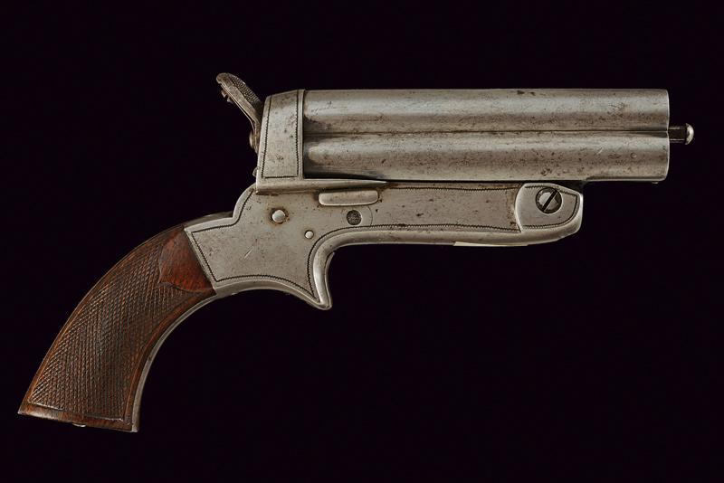 A Sharps type 4-Shot Pepperbox Pistol: dating: about 1880 provenance: Central Europe, A group of four round, 12 mm cal. rimfire barrels, openable with a button, fore-sight; iron frame marked 'CALIBRE 12 MILIM'. Spur-trigger. Wooden, checke