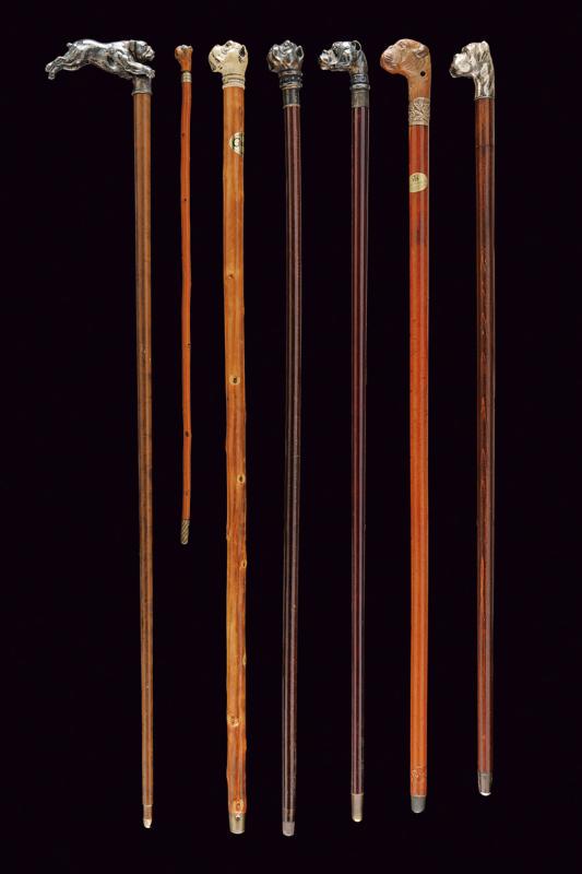 A lot of seven walking sticks: dating: First half of the 20th Century provenance: Europe, All with metal, silver and Bakelite dog's head. Wooden hafts, one containing a meterstick, the short one probably for a horse. length 57 - 95