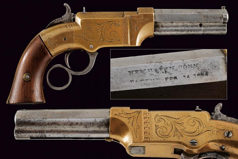 A rare engraved Volcanic Lever Action No. 1 Pocket: dating: 1857 - 1860 provenance: USA, Faceted, cal. 31 barrel for 3-1/2', with ring-nut revolving in the front part, remains of marking 'NEW HAVEN CONN. / PATENT FEB. 14 1854' on the back. Tubular maga