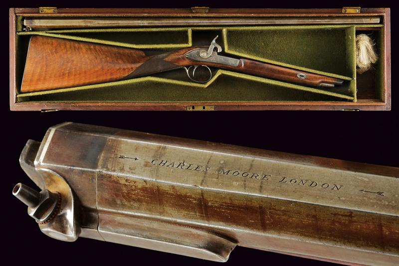A cased percussion gun by Charles Moore: dating: Mid 19th Century provenance: London, Smooth, octagonal, three-stage, 14. mm cal. barrel signed 'CHARLES MOORE LONDON' between two vectors; then, after a 16-faced segment, it turns round and wi