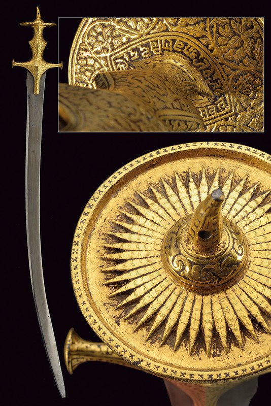 A tulwar: dating: late 18th Century provenance: India Wide, curved, single -and false-edged blade of fine, Persian damask, decorated with four circles on both sides (three on the forte an one on the foible); ma