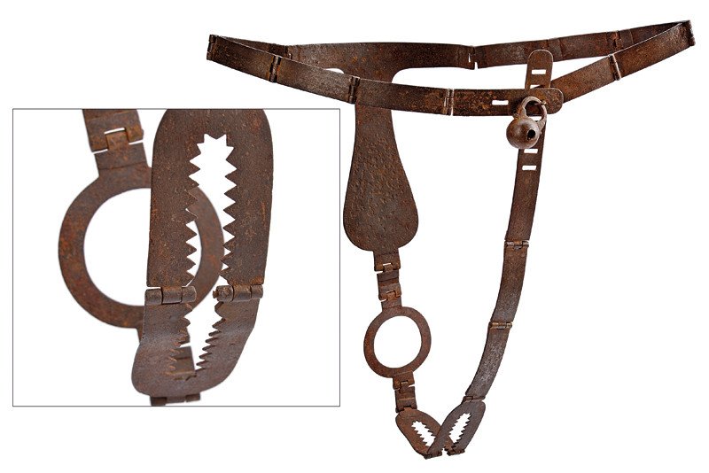 A chastity belt: dating: circa 1700 provenance: Italy Made of iron, with joint-belt, adjustable in height, complete with lock (the key is missing). Scarce. dimensions: height 35.5 cm.