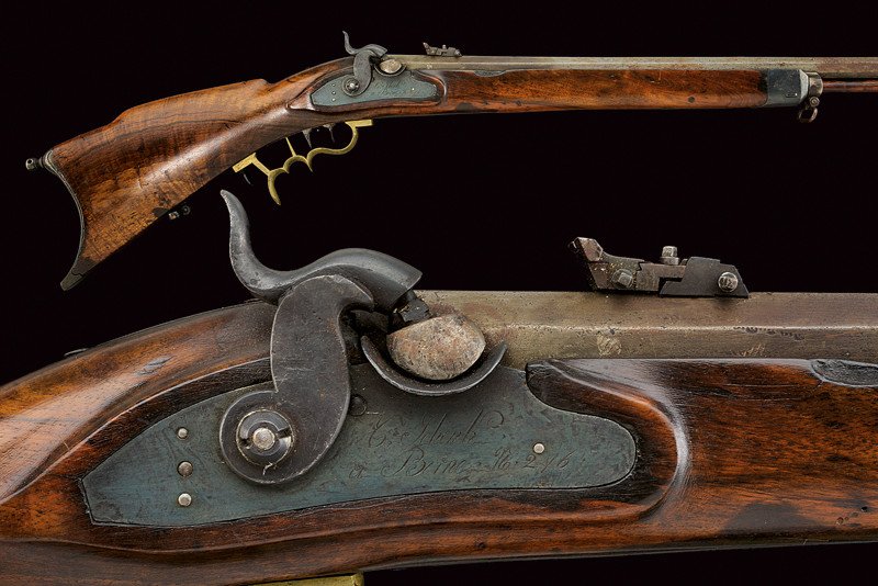 A percussion target carbine by C. Schenk: dating: second quarter of the 19th Century provenance: Swiss Octagonal, rifled, 16 mm cal. barrel, slightly bell-mouthed at the nozzle (the first part plugged), with foresight and adjustable rear sigh