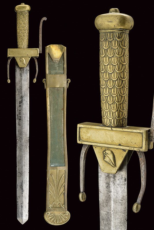"Glaive de l'Ecole de Mars", Revolutionary Period: dating: late 18th Century provenance: France Straight, double-edged blade ribbed at the centre; double-quillon, one of iron with long arms counter-curved toward the blade and ending in olives, the oth