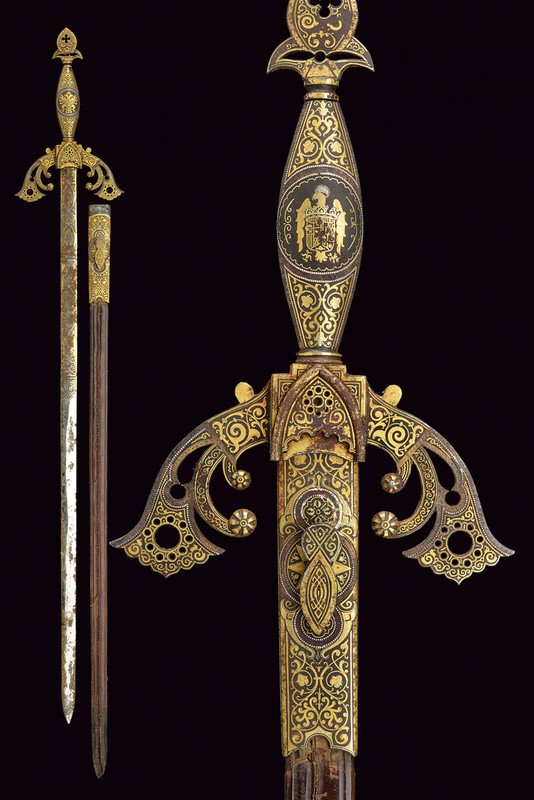 A Tizona, El Cid style sword: dating: circa 1900 provenance: Spain Thin and flexible, double-edged blade; engraved and gilt with floral and geometrical motifs at the first part, areas of rust; iron hilt, partially pierced, richly