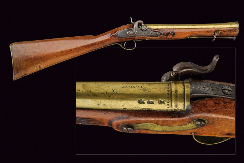 A navy percussion blunderbuss by J&W Richards, dating:: A navy percussion blunderbuss by J&W Richards, dating: mid-19th Century, provenance: England, dating: mid-19th Century, provenance: England, Strong, round, brass barrel, bell-mouthed at the nozzle, at