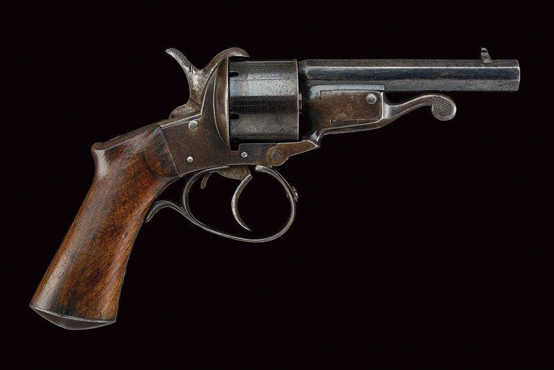 A rare Javelle system pin-fire revolver, dating: third: A rare Javelle system pin-fire revolver, dating: third quarter of the 19th Century, provenance: France, dating: third quarter of the 19th Century, provenance: France, Octagonal, rifled, 9 mm cal. barr
