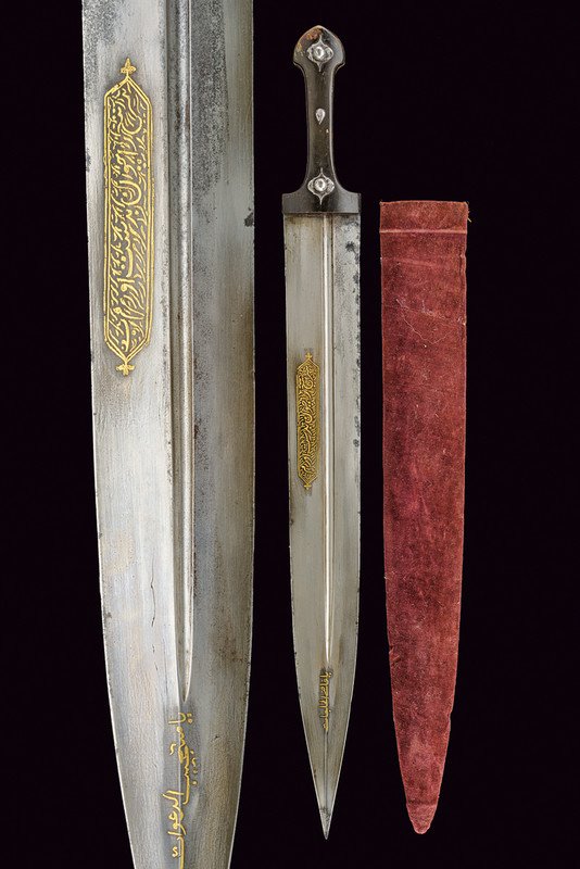 A qama, dating: 19th Century, provenance: Caucasia,: A qama, dating: 19th Century, provenance: Caucasia, dating: 19th Century, provenance: Caucasia, Wide and large, double-edged blade with deep, asymmetrical groove, a gold cartouche with Arabic writings