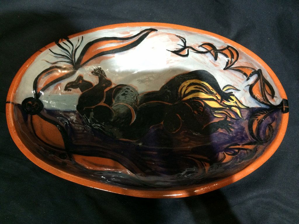 Ceramic bowl by Walter Reinsel: Ceramic bowl by Walter Reinsel. Dimensions: Length 12" Height 2" Width 7 1/2"