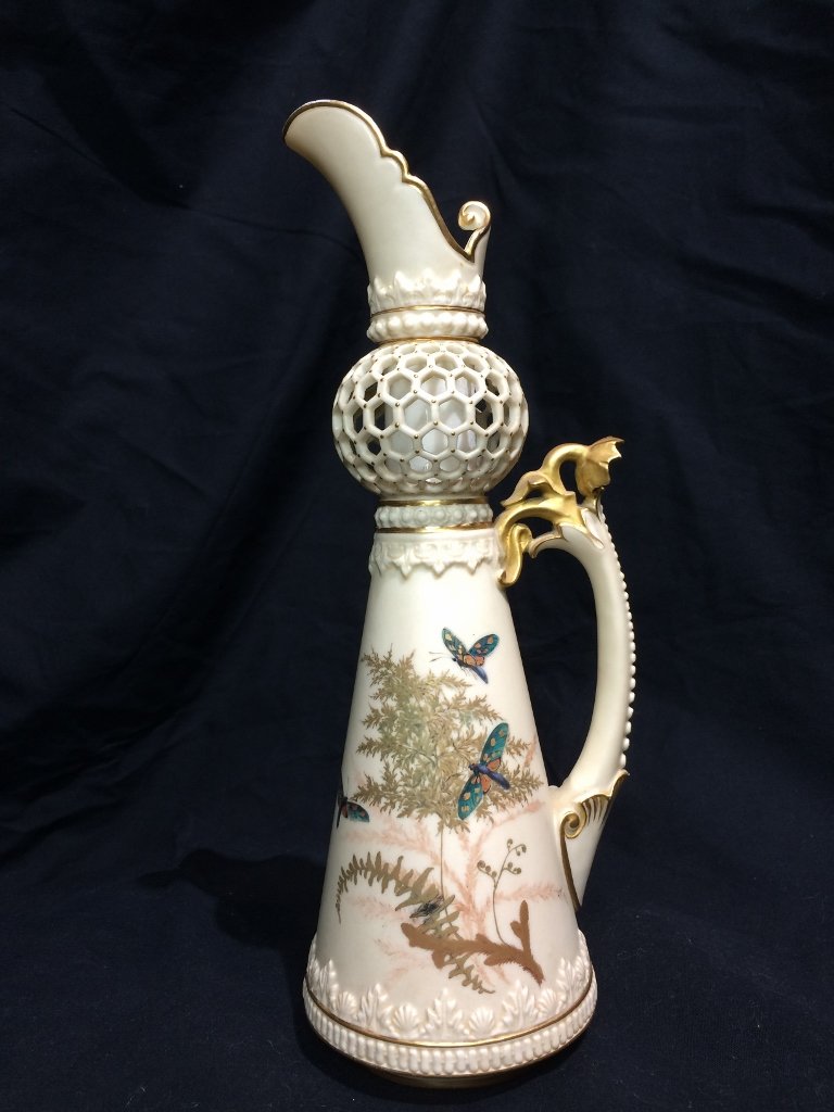 Royal Worcester ewer with openwork ball, c.1880 (1 of 9)