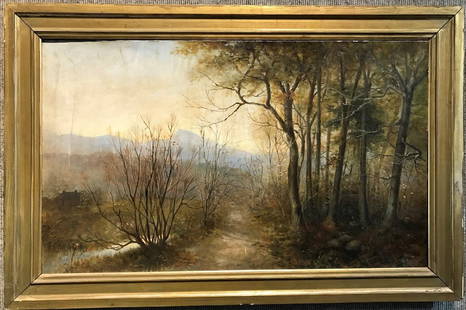 Painting of woods, signed: Painting of woods, signed.Probable signature lower right hand corner, streaks of dirt or varnish across the front.Possible restoration over 10-15% of the surface.35" x 23"(with frame), 29.5" x