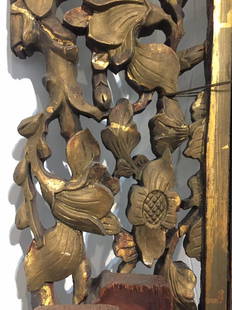 Gilt wood door surrounds, Asian, c.1900: Gilt wood door surrounds, Asian, c.1900.Possibly Chinese, losses to the wood, cracks, dryness, losses to the gilding, not checked for missing pieces. Length 75" x 5", 58.5" x 7".