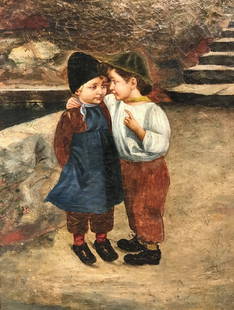 19th century painting of two friends: 19th century painting of two friends.Circa 1880. 23.25" x 17".