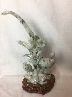 Chinese jade carving-two birds on wood stand-1965/1975: Chinese jade carving-two birds on wood stand.10.5".