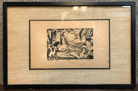 Woodcut of Tahitian maid-signed, c.1940: Woodcut of Tahitian maid-signed, c.1940.17" x 11"(with the frame), 10.5" x 6.5"(without the frame).