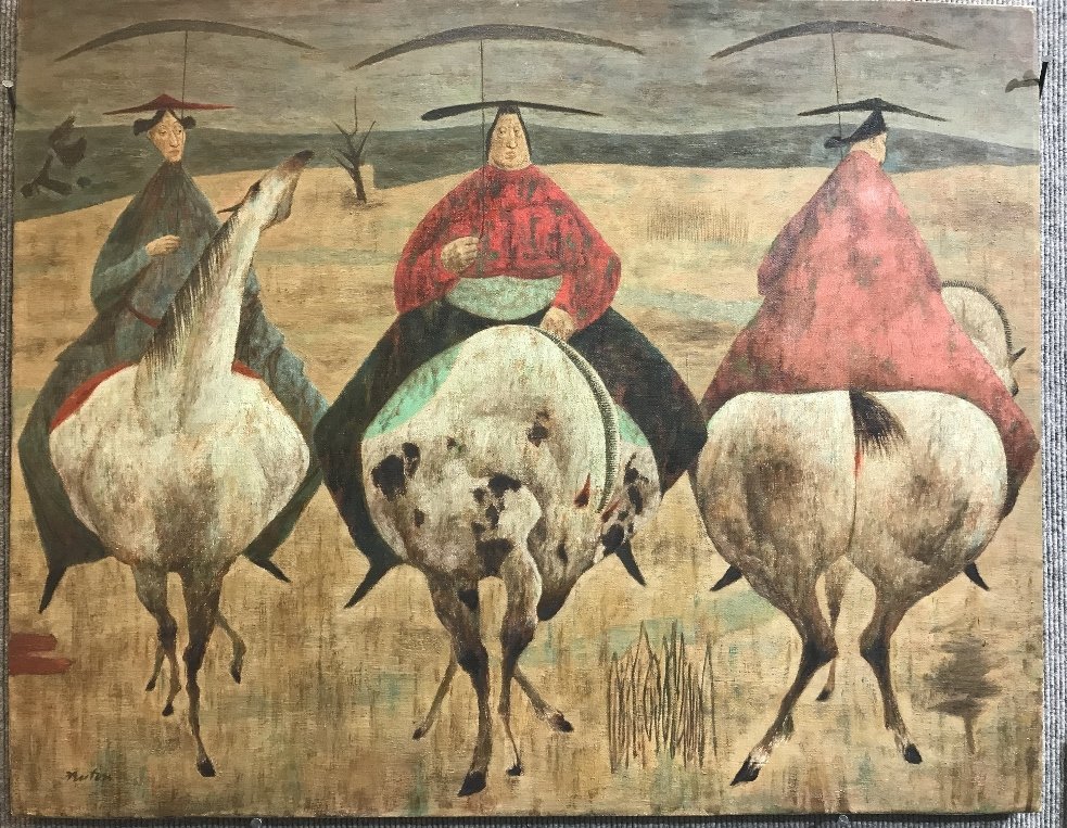 Ptg of horsemen by John Fenton, c.1960: Painting of horse riders by John Fenton(American 20th century).31"x 24".This painting has no frame.
