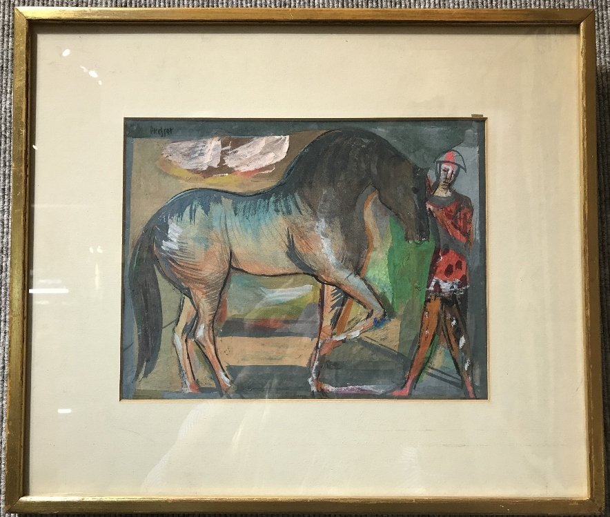 Gouache of clown and horse by Josef Presser: Gouache of clown and horse by Josef Presser. 11" x 8 1/2", w/f 17 3/4" x 15 1/4".