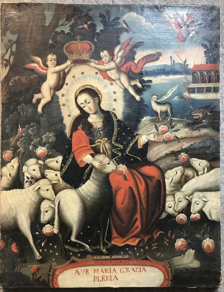 18th/19th cen Cuzco school painting, Maria with sheep (1 of 8)
