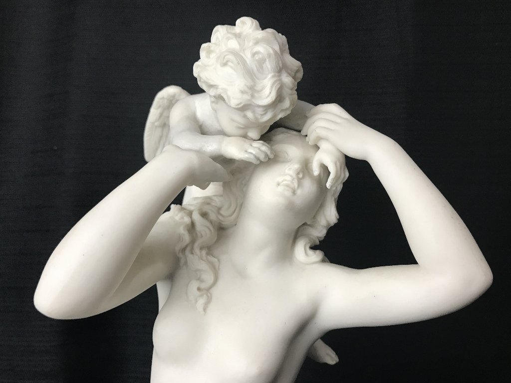Parian figurine of maiden and cupid, restorations: Parian figurine of maiden and cupid, restorations. H 16"
