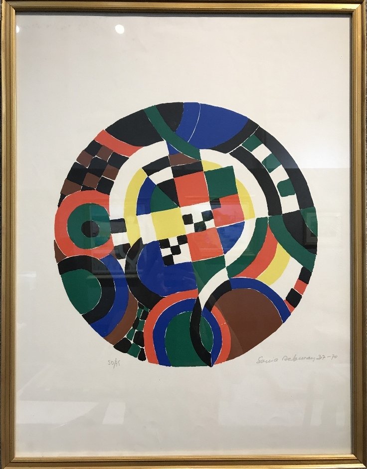Abstract color lithograph by Sonia Delaunay: Abstract color lithograph by Sonia Delaunay(1889-1979).Pencil signed, 50/75. H 27" x W 20.5". Without frame - H 25" x W 19". According to the Wikepedia, Sonia Delauney was a Ukrainian-born French arti
