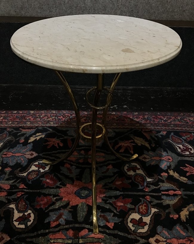 White marble gueridon by Paul M Jones, c.1965: White marble gueridon by Paul M Jones, c.1965. 21" x 27".Estate of Pearl Maxim, NYC.In the estate, we found the original advertisement for the table pictured, and the document will be included with th