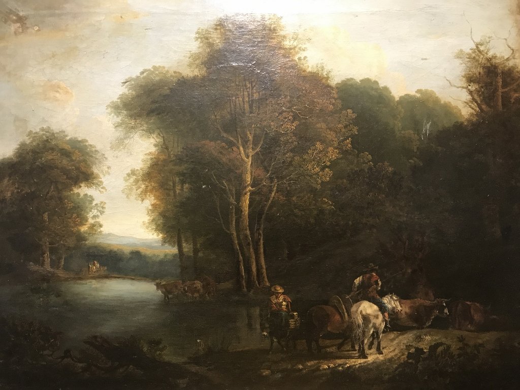 Old master painting of a forest with figures, c.1800: Old master painting of a forest with figures, c.1800. H 29" x W 37". Without frame - H 23.5" x W 32".This item and the rest of the July 9th exhibit can be inspected at 110 west 25th Friday, or Sat, or