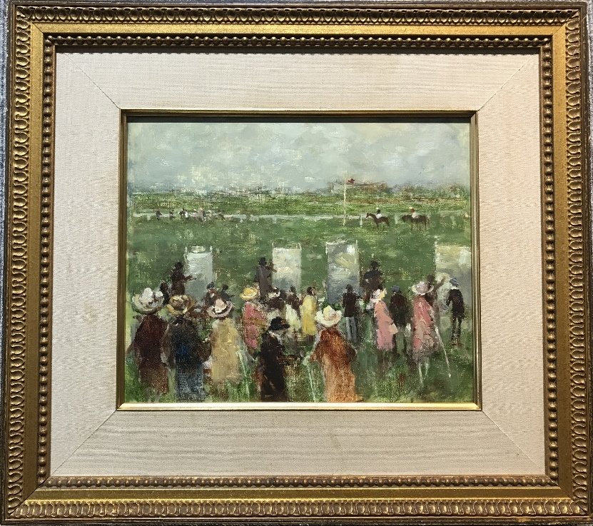 Painting of racetrack, signed lower right, c.1930: Painting of racetrack, signed lower right, c.1930.Estate of Arthur Hans Otto Liebmann, and by descent Laura Stewart, Hannacroix, NY. H 16.8" x W 18.8". Without frame - H 9.5" x W 11.5".This item and t