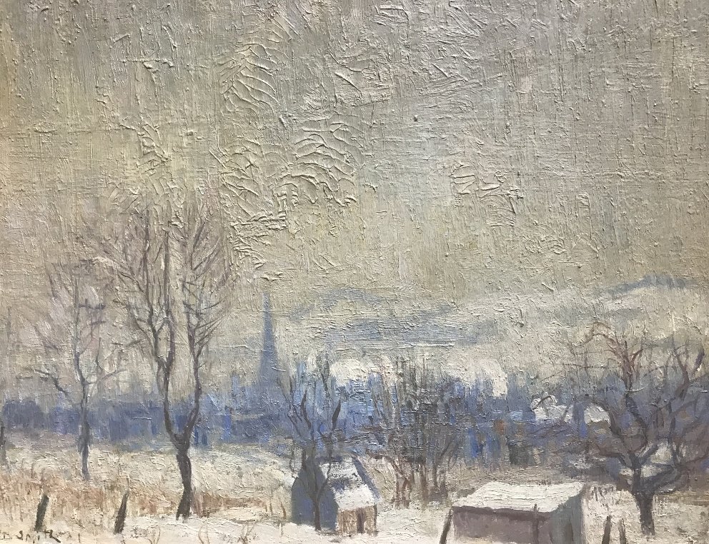 Town in snow, painting by Vernon Smith: Town in snow, ptg by Vernon Smith. H 21.8" x W 27". Without frame H 15" x W 20".