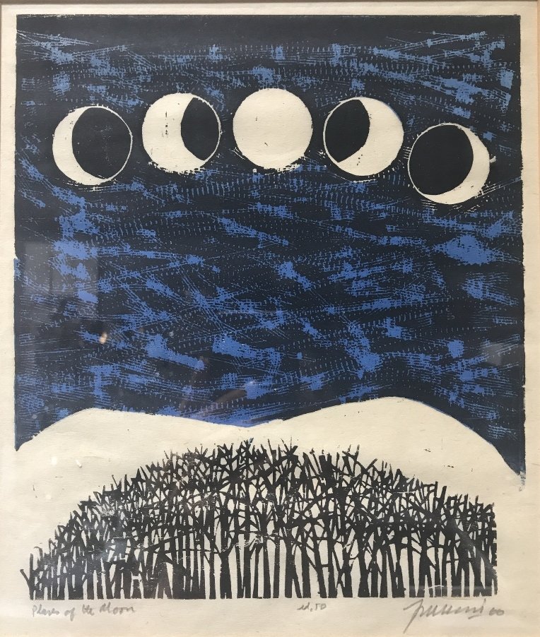 Woodcut by Antonio Frasconi, "Phases of the Moon" 1966: Woodcut by Antonio Fransconi(Uraguay 20th),"Phases of the Moon", signed 1966. H 19" x W 13.5". Without frame - H 9.8" x W 8.2".According to the NY Times obituary on Frasconi in 2013 by Douglas Martin,