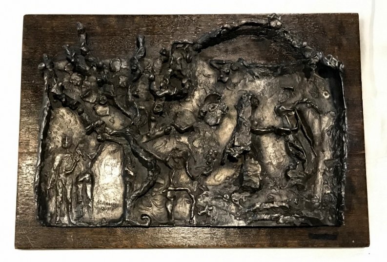 Silver plated bronze by Hana Gerber of Adam and Eve: Silver plated bronze by Hana Gerber(Czech/American, 20th century) of Adam and Eve.11" x 13"(bronze) on a wood back(13"x 15").Signed "hana gerber" in the bronze.Hana Gerber is an Czech/American sculpto