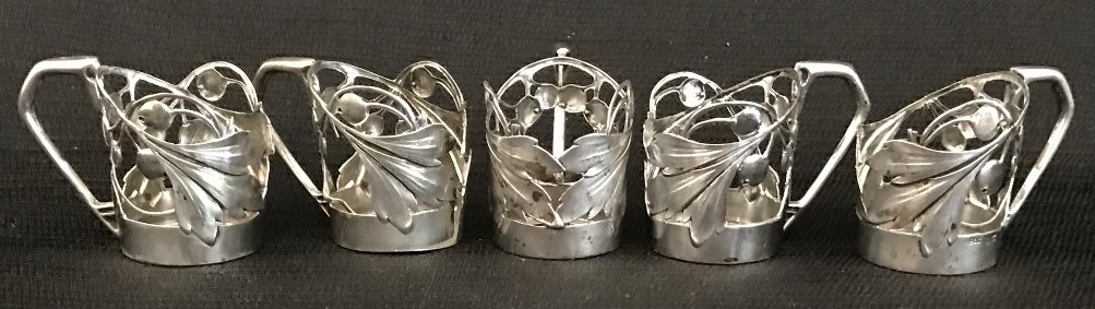 Box lot-Five sterling vodka glass holders, 1.8 t. oz: Box lot-Five sterling vodka glass holders, 1.8 t. oz. H 1.5", each holder is 2" wide.