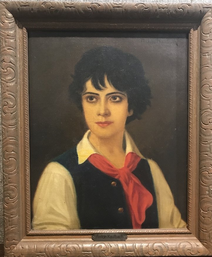 'The Red Scarf" by Anton Kaulbach: Painting of a girl titled: "The Red Scarf" by Anton Kaulbach(German 1864-1930). H 23.5" x W 19.5". Without frame - H 19" x W 15".This painting was offered by Christies Amsterdam in 2005 with an estima