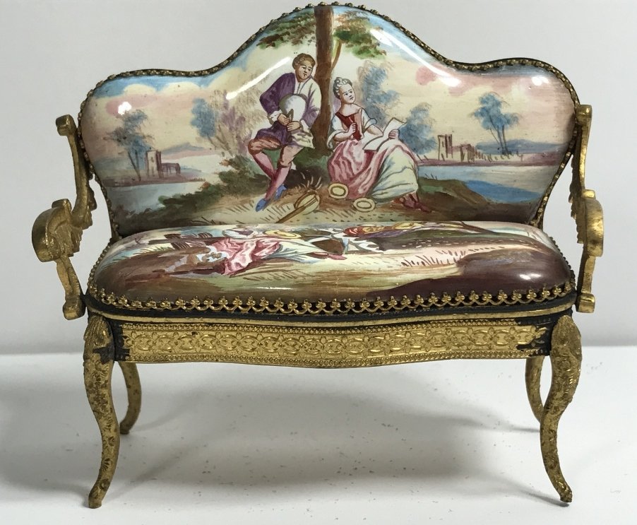 Miniature gilt metal couch with enamel, c.1900: Miniature gilt metal couch with enamel, c.1900.3"wide and 2.5 inches high.