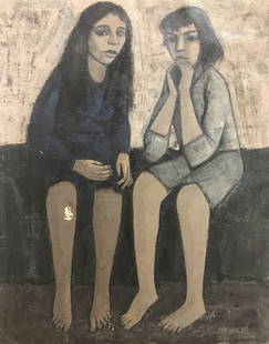 Painting of two girls by HJ Mengels-damage: Painting of two girls by Hubertus Johannes Mengels(Dutch 20th century)-damage in the form of paint missing near the knee of one of the girls from a puncture hole about 2 inches long.27" x 34".