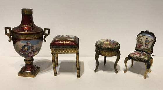 Group of 4 enamel miniature items, c.1900: Group of 4 enamel miniature items, c.1900.Enamel in good condition, urn might have had a top.Height of urn: 2.5 inches.