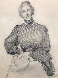 Orig drawing by Gustave Cimiotti-Exhibition labels: Drawing by Gustave Cimiotti(American 20th century) of elderly woman with hat.9.5"x 7.5".(From AskArt)Called the "Grand Old Man of Romanticism," Gustave Cimiotti was one of the exhibitors at the Armory